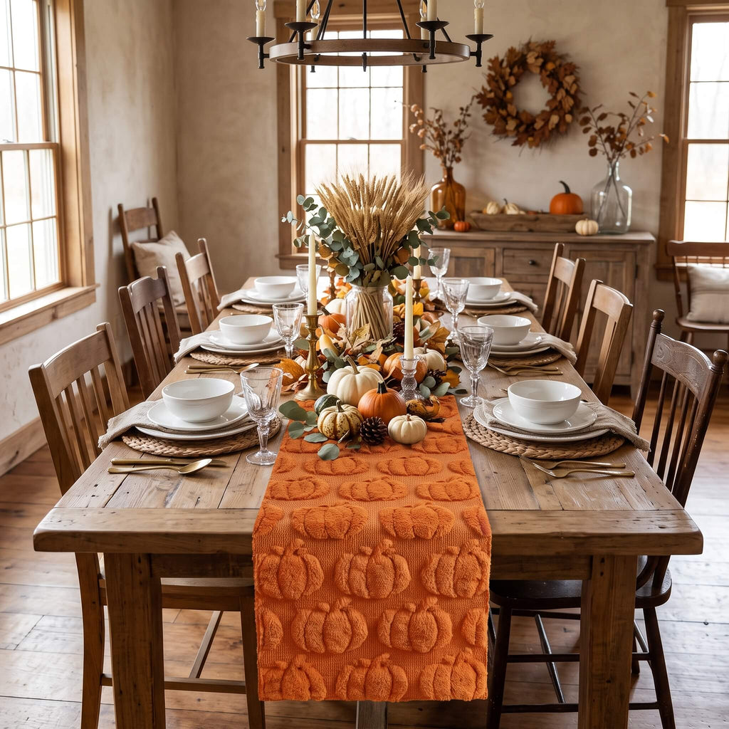 Pumpkin table runner on a set table under a rattan pendant