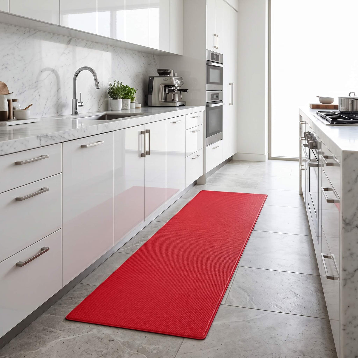 Red anti fatigue kitchen mat in a kitchen
