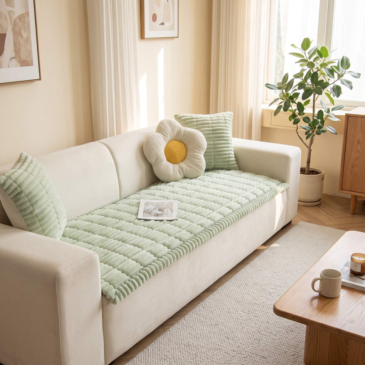 Sage green plush couch cover in a bright living room