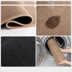 Faux sisal mat rolled, water beading on the surface, and going into a washing machine