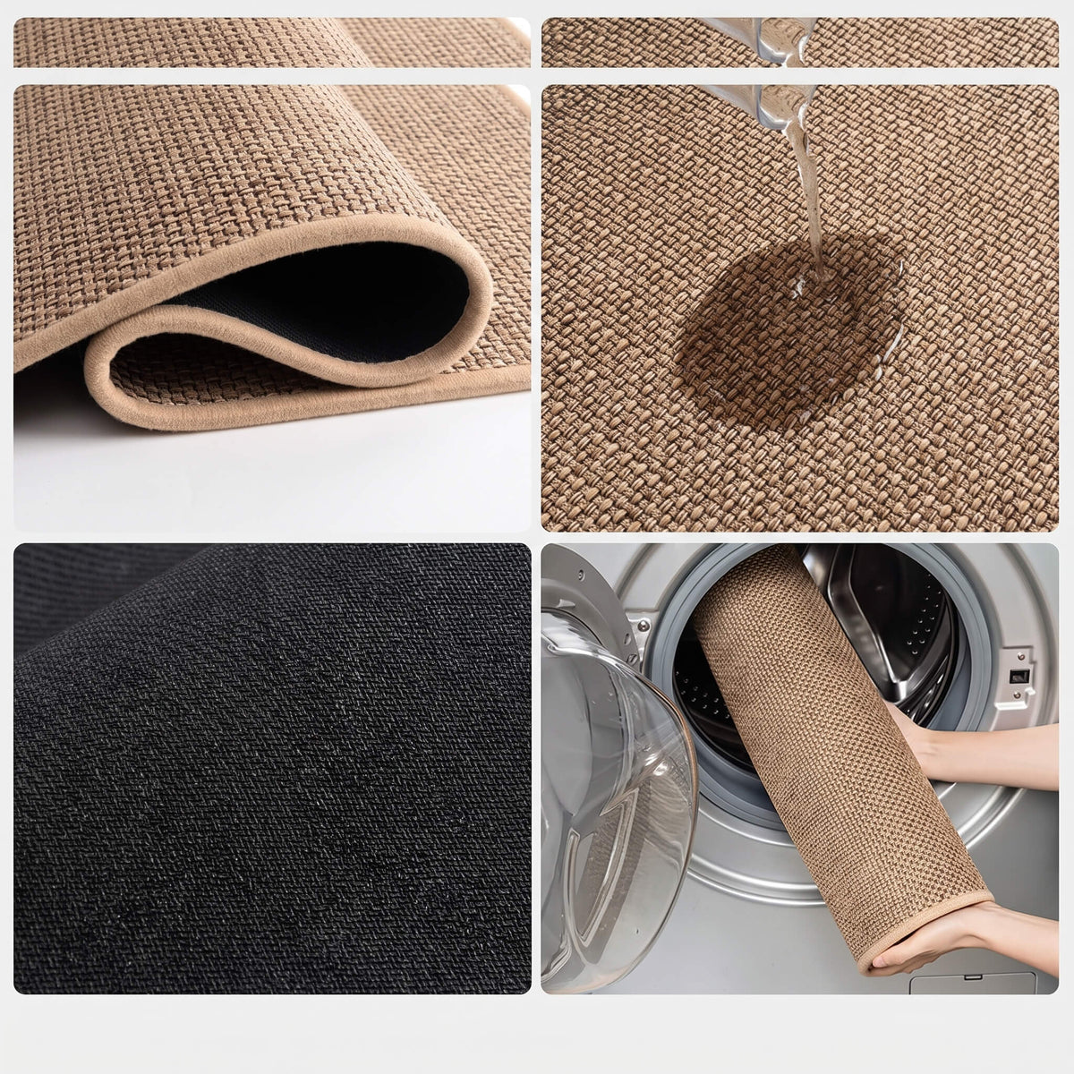 Faux sisal mat rolled, water beading on the surface, and going into a washing machine