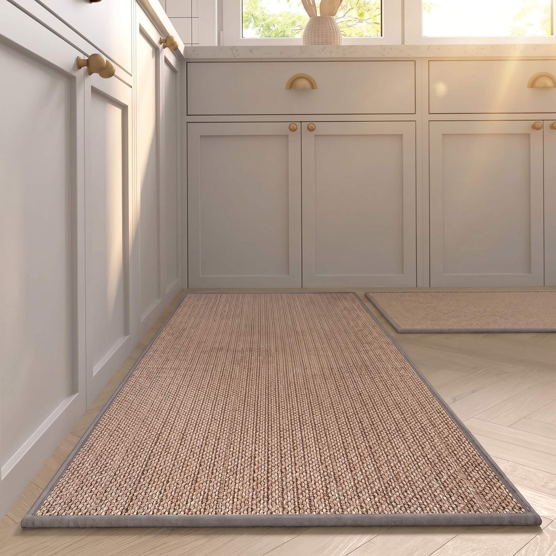 Grey faux sisal kitchen runner with a bound edge