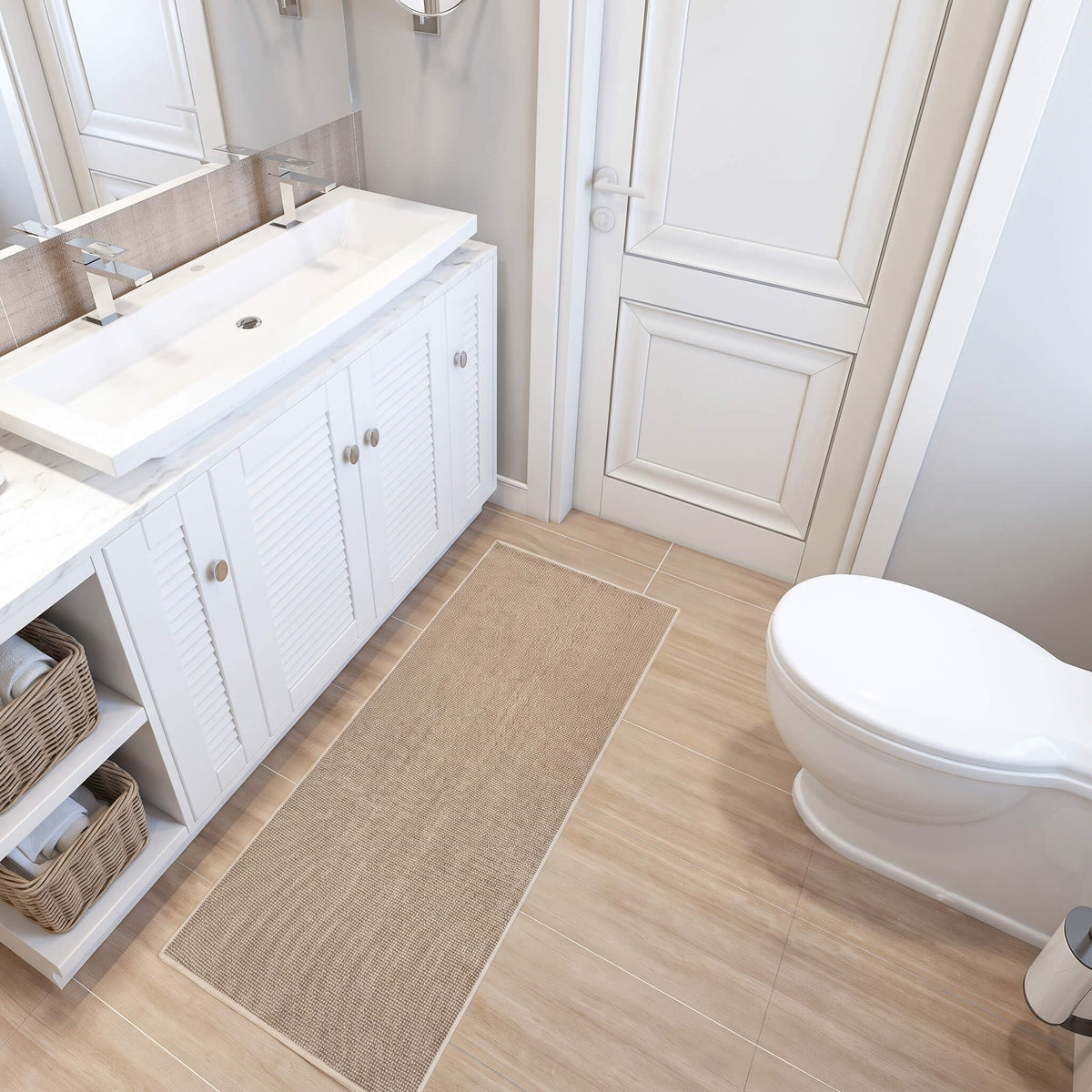 Faux sisal mat on a bathroom floor beside a basin