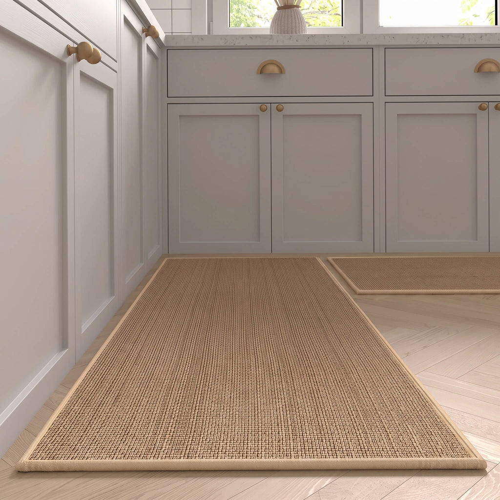 Faux sisal mat lying flat across a kitchen floor