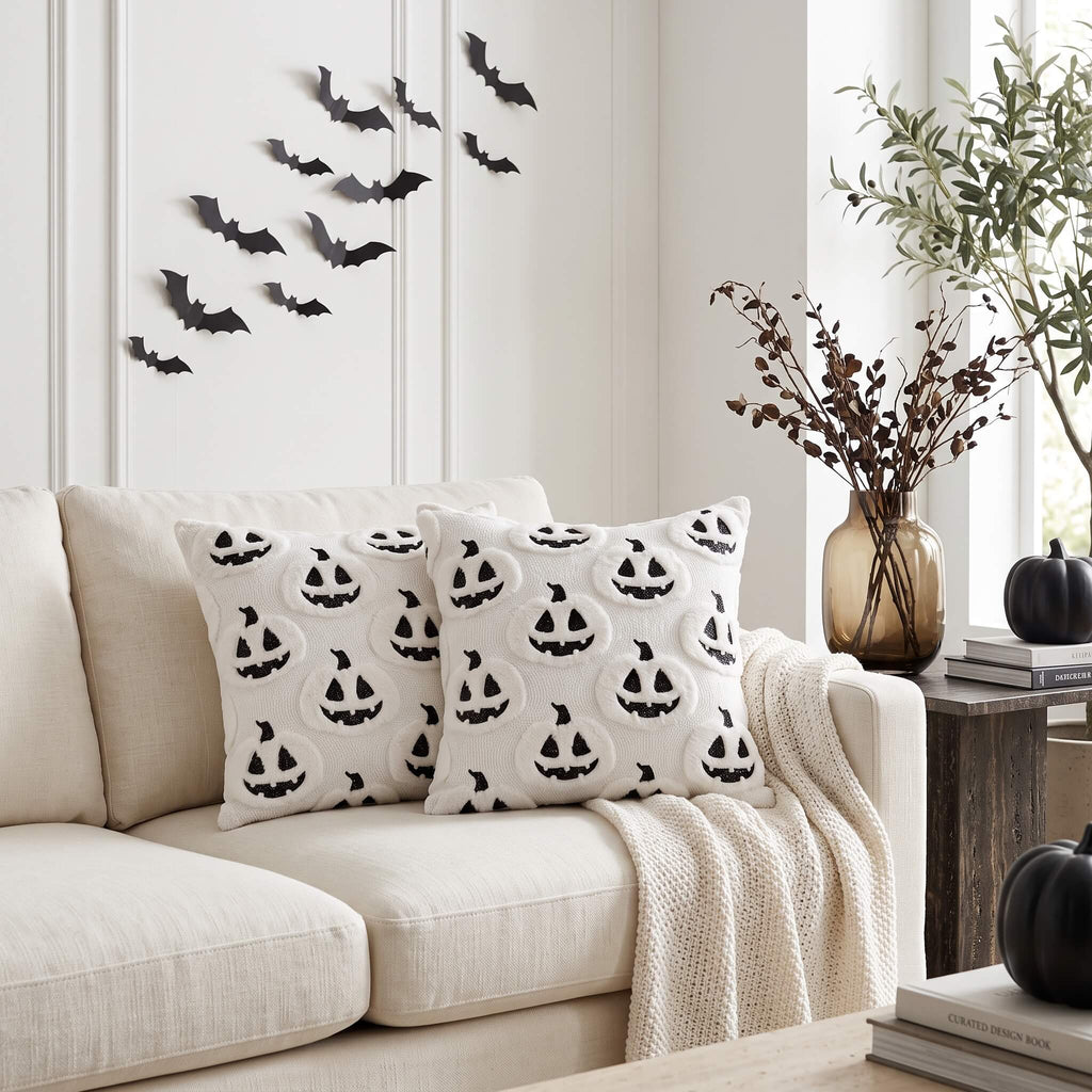 Jack-o'-Lantern Cream tufted Halloween cushion cover