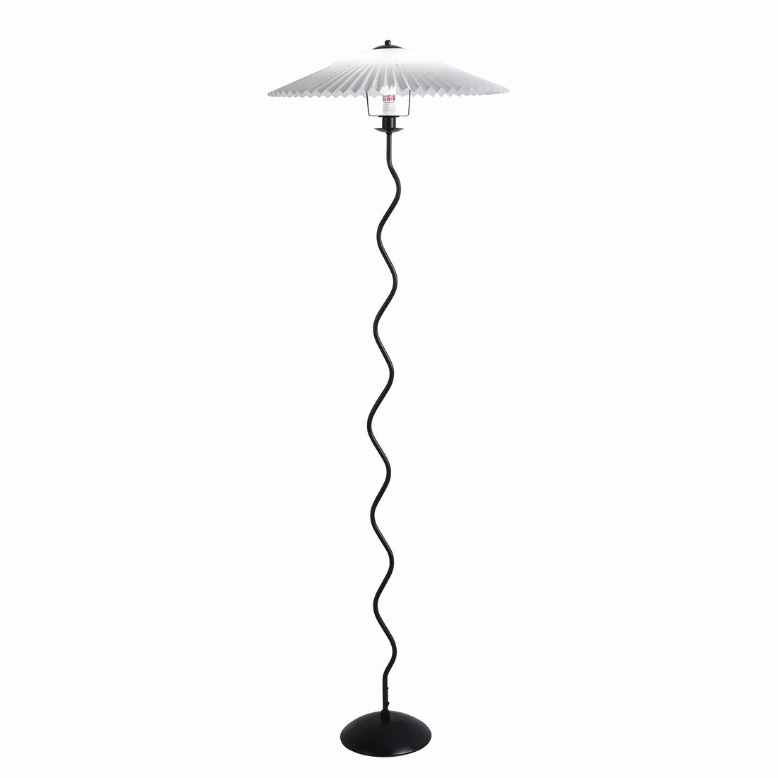 A modern floor lamp with a black wavy metal stand and a white pleated conical shade, shown against a plain white background.
