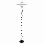 A modern floor lamp with a black wavy metal stand and a white pleated conical shade, shown against a plain white background.