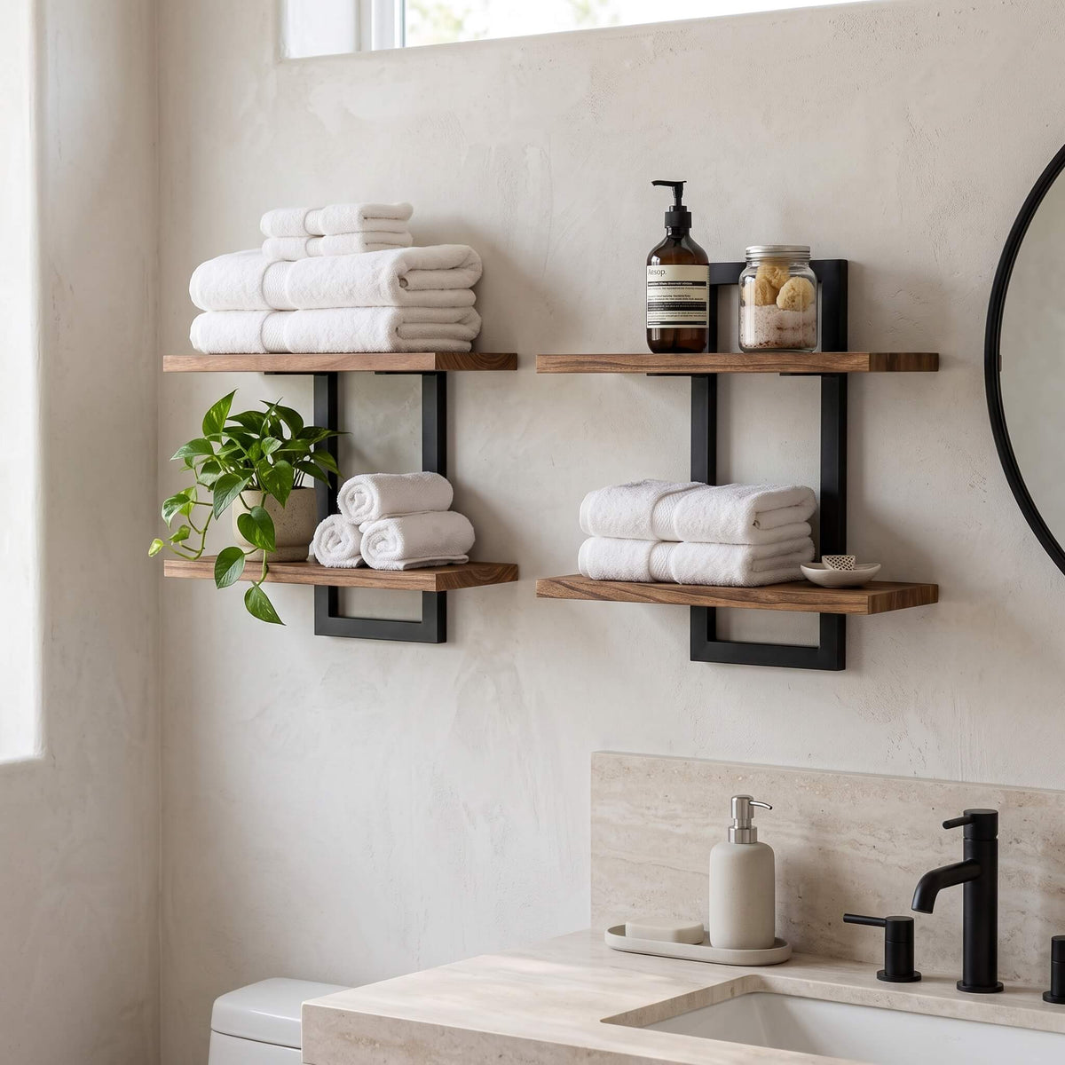 Matte black metal two tier wall shelf holding towels and soap in a bathroom