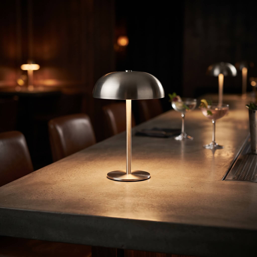 A modern dome-shaped table lamp with a brushed metal finish stands on a concrete bar counter in a dimly lit restaurant or bar setting, casting a warm glow.