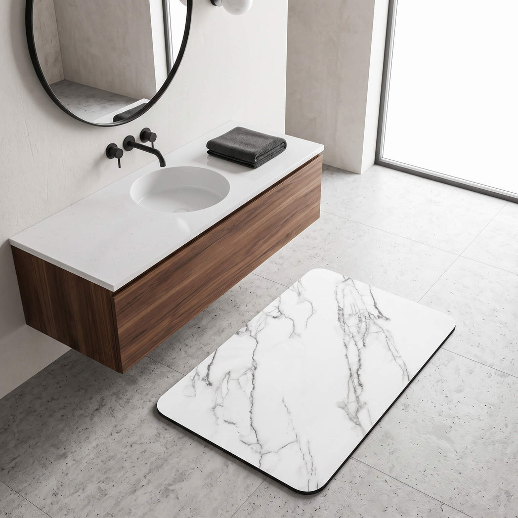 Stone look bath mat in front of a shower