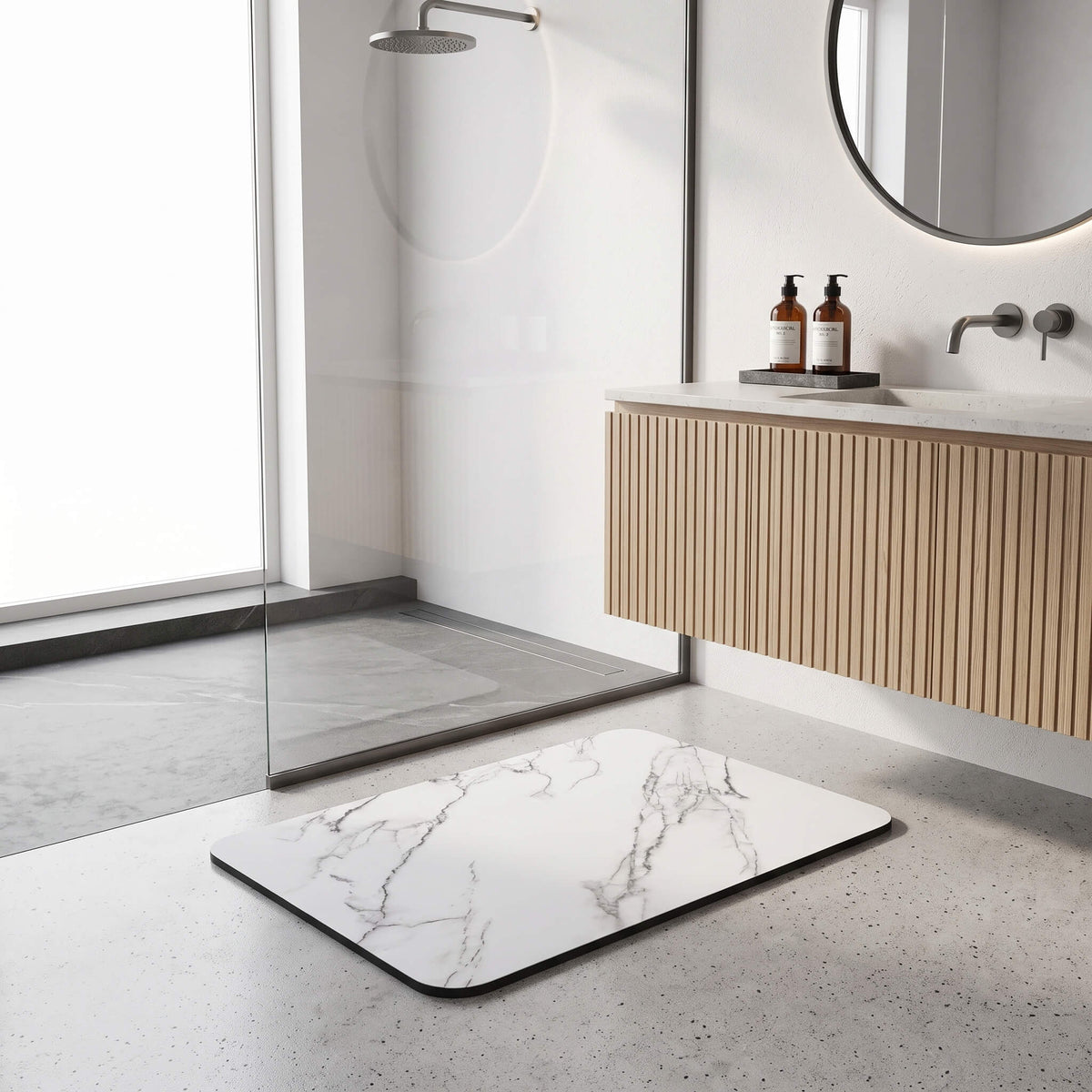 Quick dry bath mat lying flat on a tiled floor