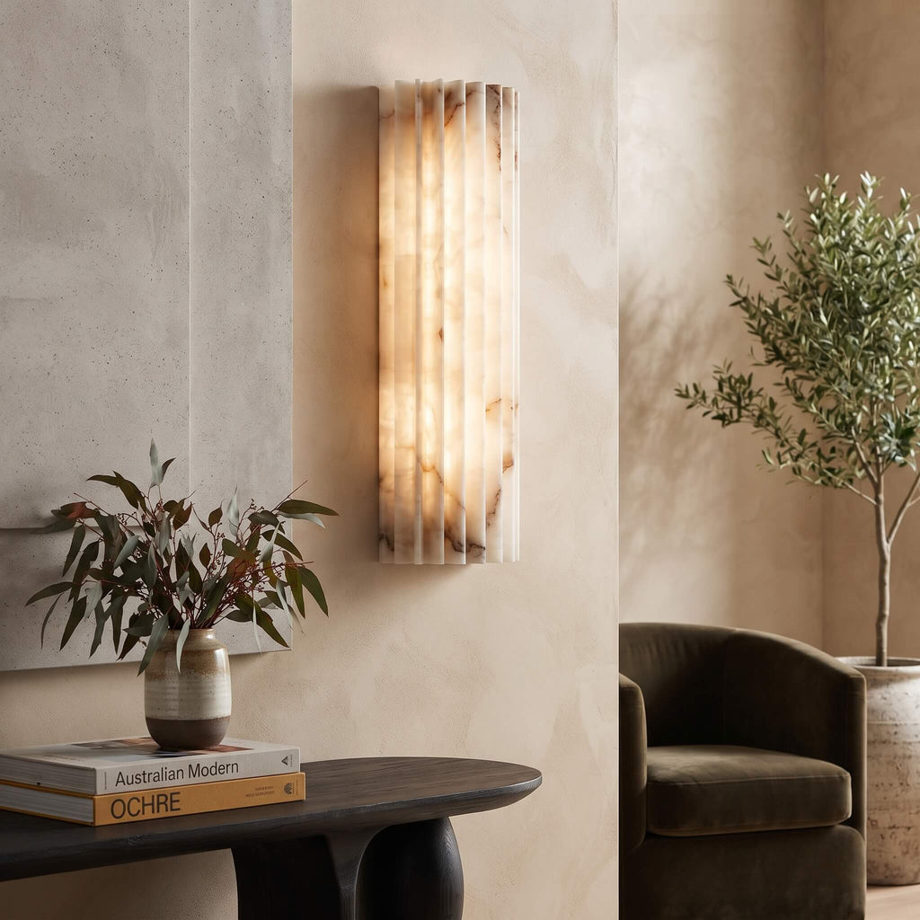 Warm amber veining lit through the alabaster stone panel