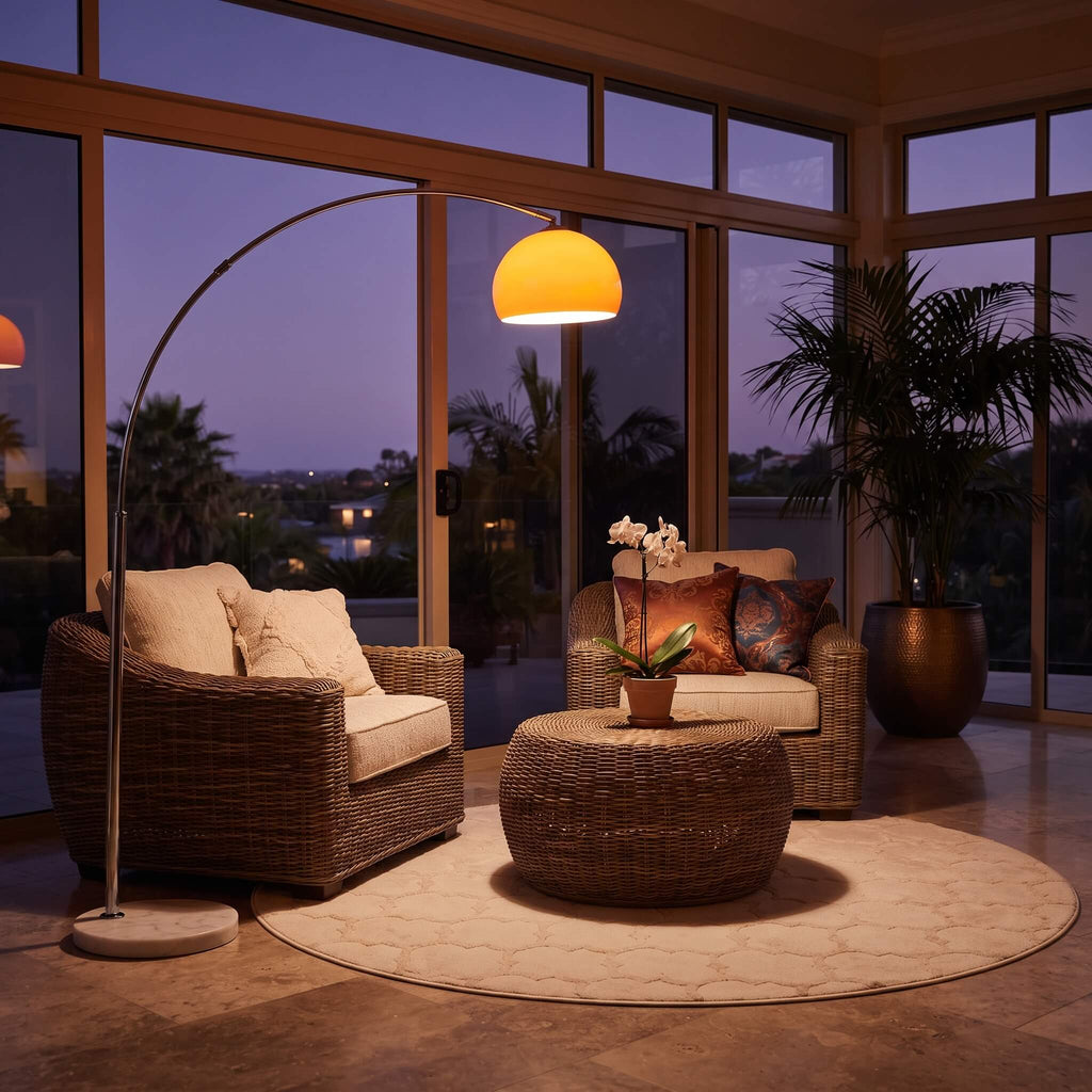 A styled outdoor patio conversation set featuring a brown wicker armchair with cream cushions, a matching loveseat with patterned pillows, a round wicker coffee table, and a large arched floor lamp with a glowing yellow globe shade, all arranged on a round beige rug in front of large glass windows at dusk.