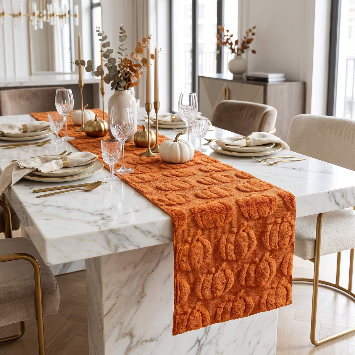 Pumpkin table runner on a marble dining table