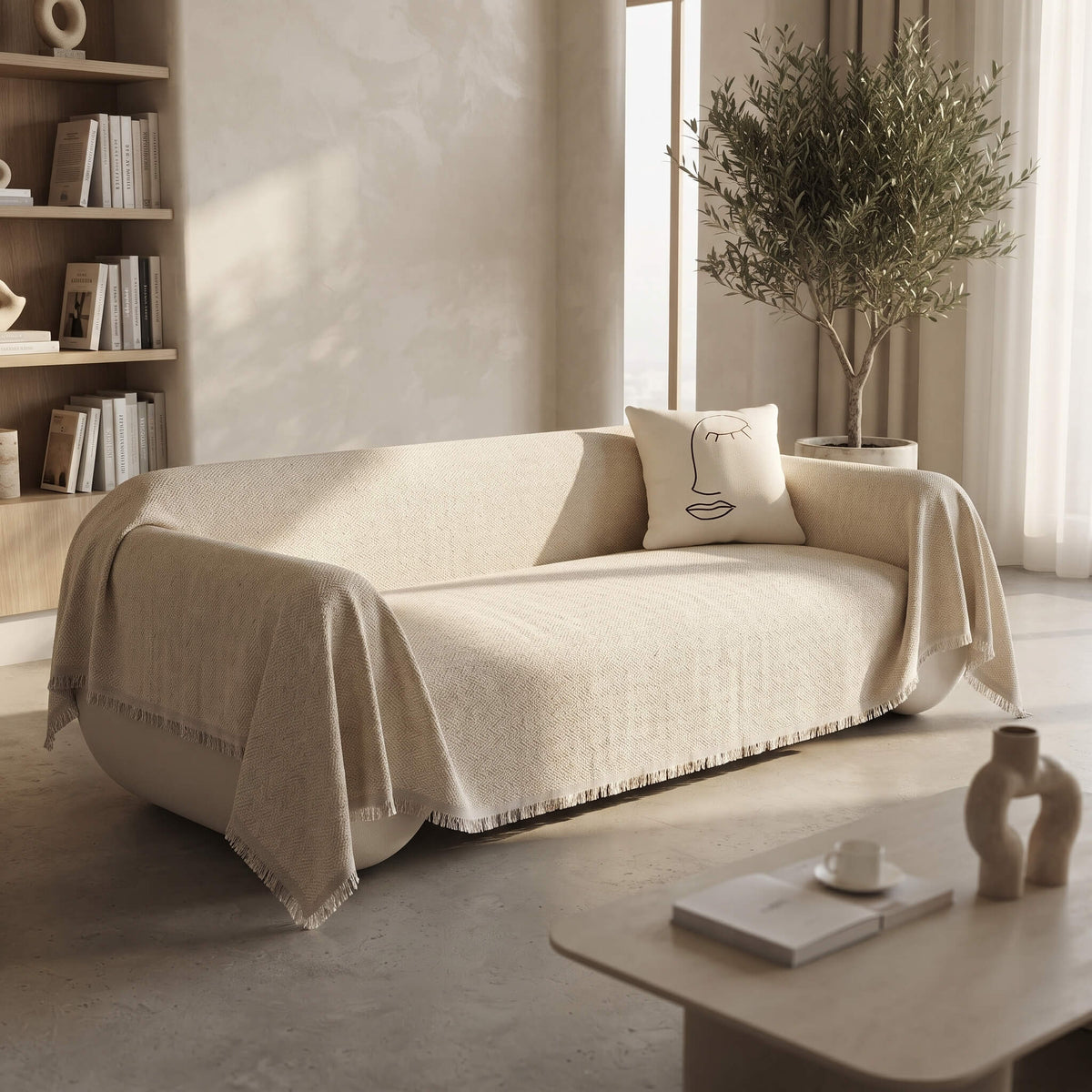 Textured beige sofa cover throw draped over a three seater