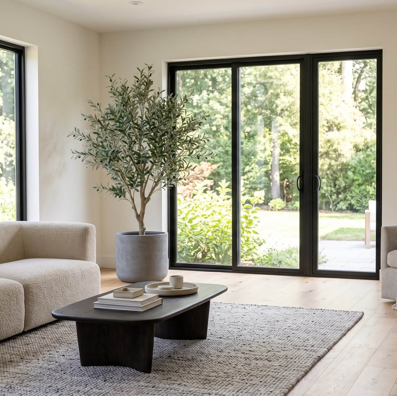 Modern living room with a coffee table, books, and a plant in a well-lit room.