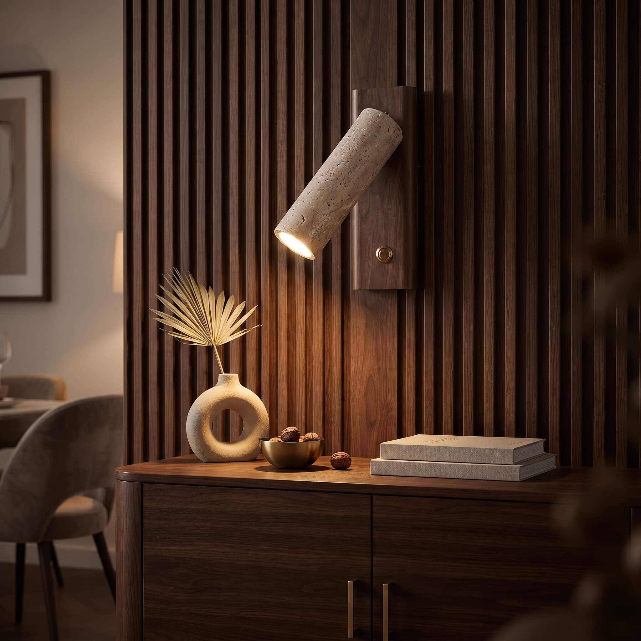 A modern wall-mounted cylindrical sconce with a textured stone-like finish, casting a warm glow downwards, mounted on a dark wood slatted wall above a matching wooden console table.