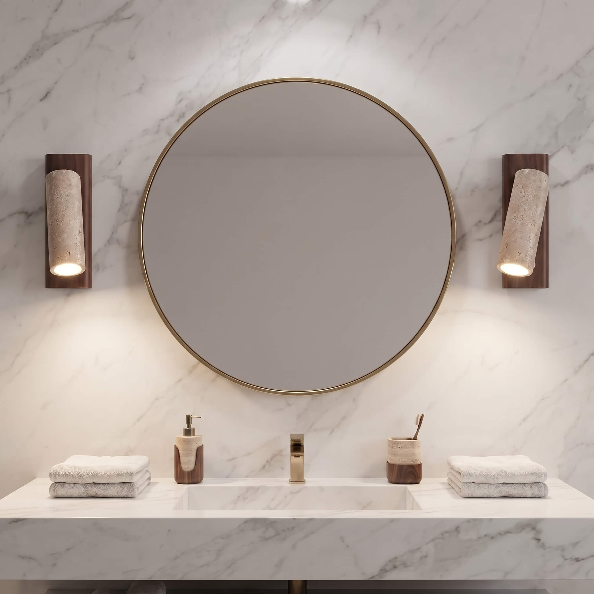 A round wall mirror with a thin gold frame hangs above a white marble vanity with a gold faucet, flanked by two matching wall sconces. Folded white towels and small bathroom accessories sit on the counter against a white marble wall.