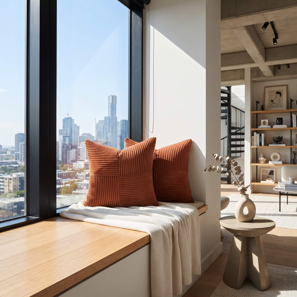 Two rust-orange ribbed throw pillows resting on a light wood window seat with a cream blanket, set against a modern interior with a city skyline view.