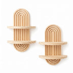Two light natural wood double wall shelves with a minimalist arched slatted design, shown against a plain white background.