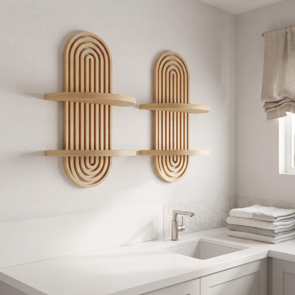 Two light natural wood wall-mounted shelves with an arched ribbed design, shown installed on a bathroom wall above a white sink.