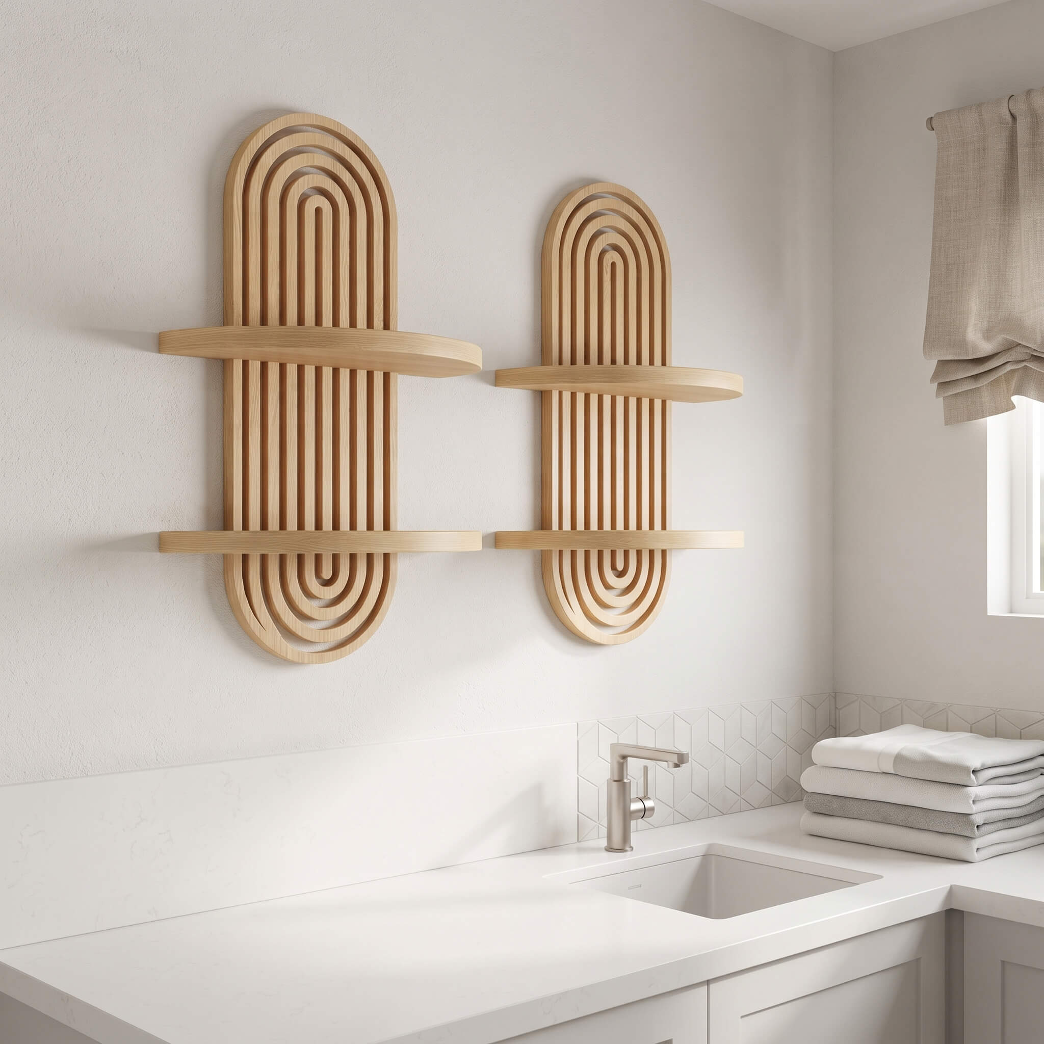 Two light natural wood wall-mounted shelves with an arched ribbed design, shown installed on a bathroom wall above a white sink.