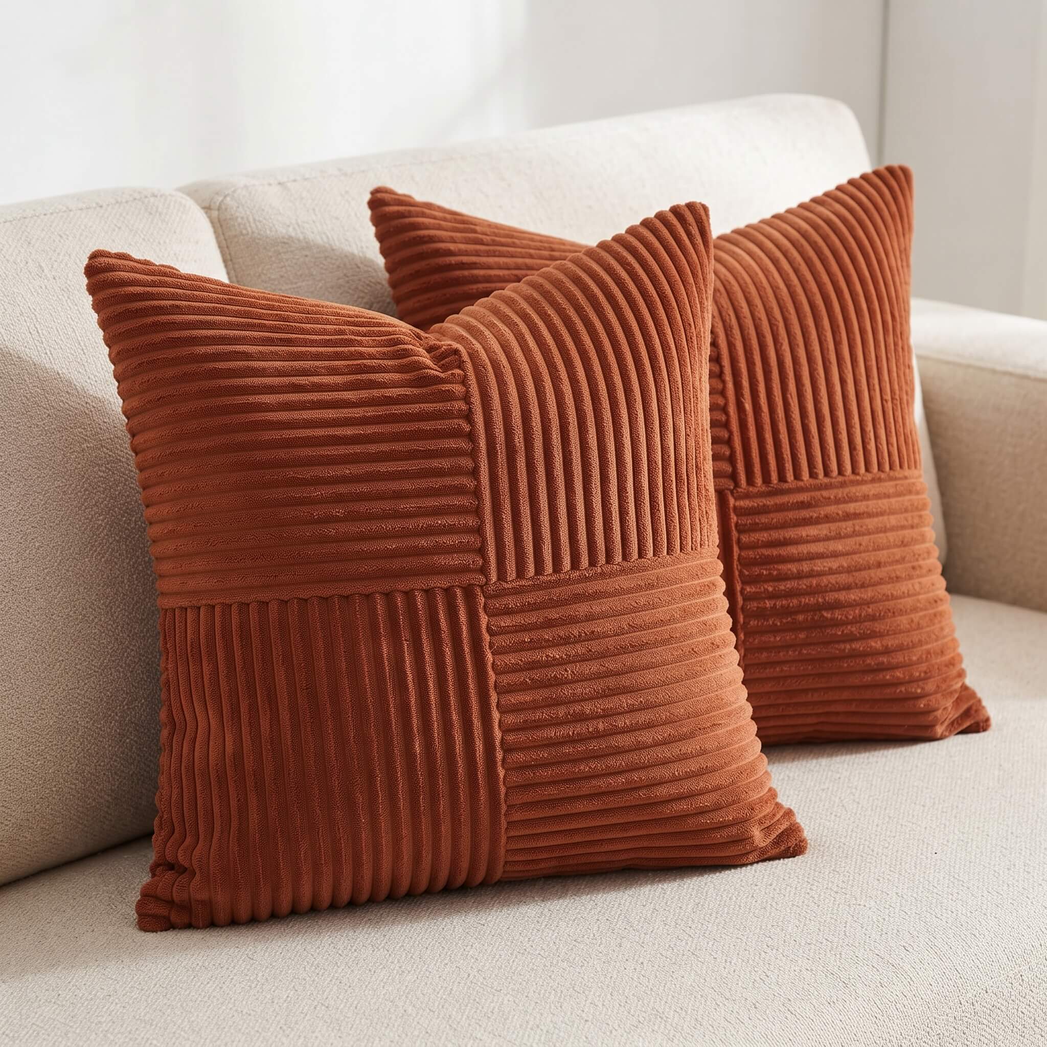 Two square rust-orange corduroy throw pillows with a patchwork design, styled on a light beige sofa.