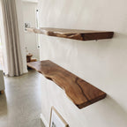 Live edge detail on the camphor wood floating wall shelf