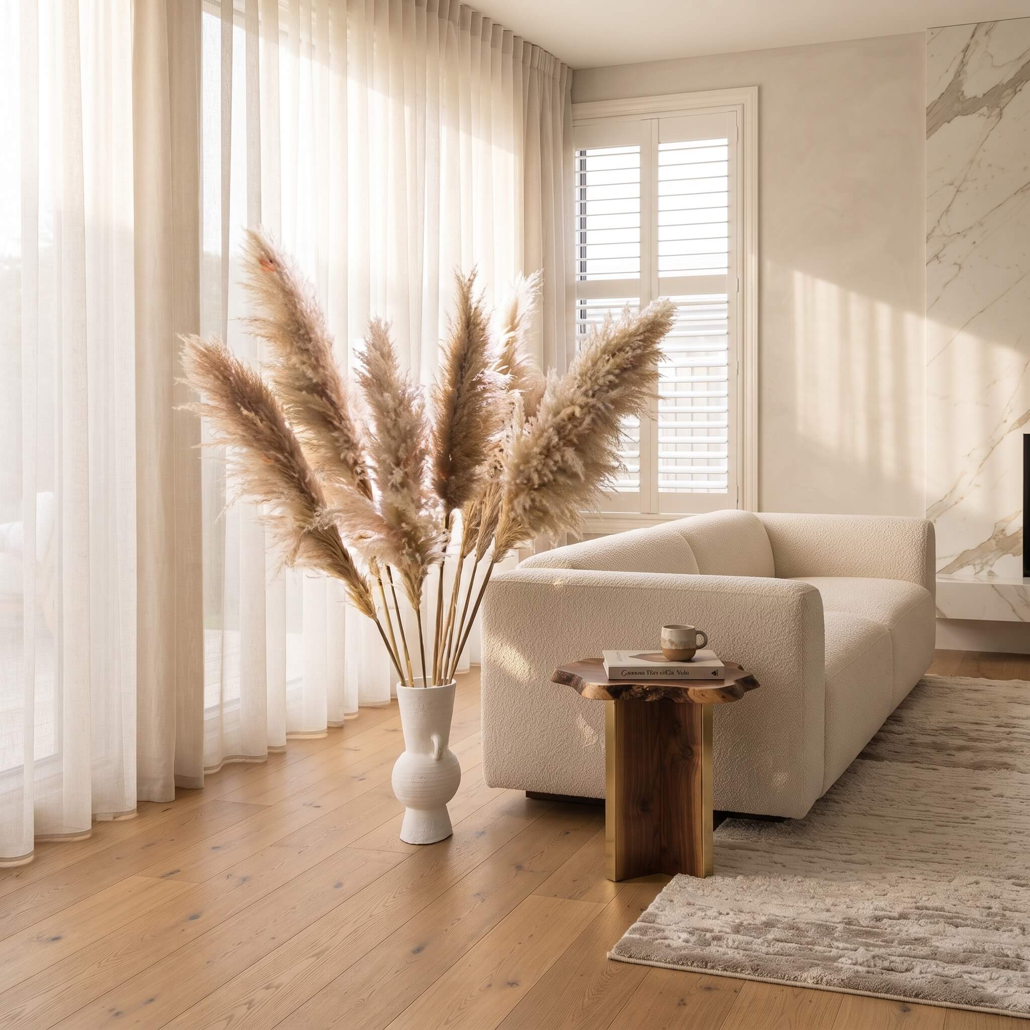 A styled living room scene featuring a cream-colored sofa, a rustic wooden side table with a small cup, a tall white vase filled with pampas grass, and a textured area rug on a light wood floor.