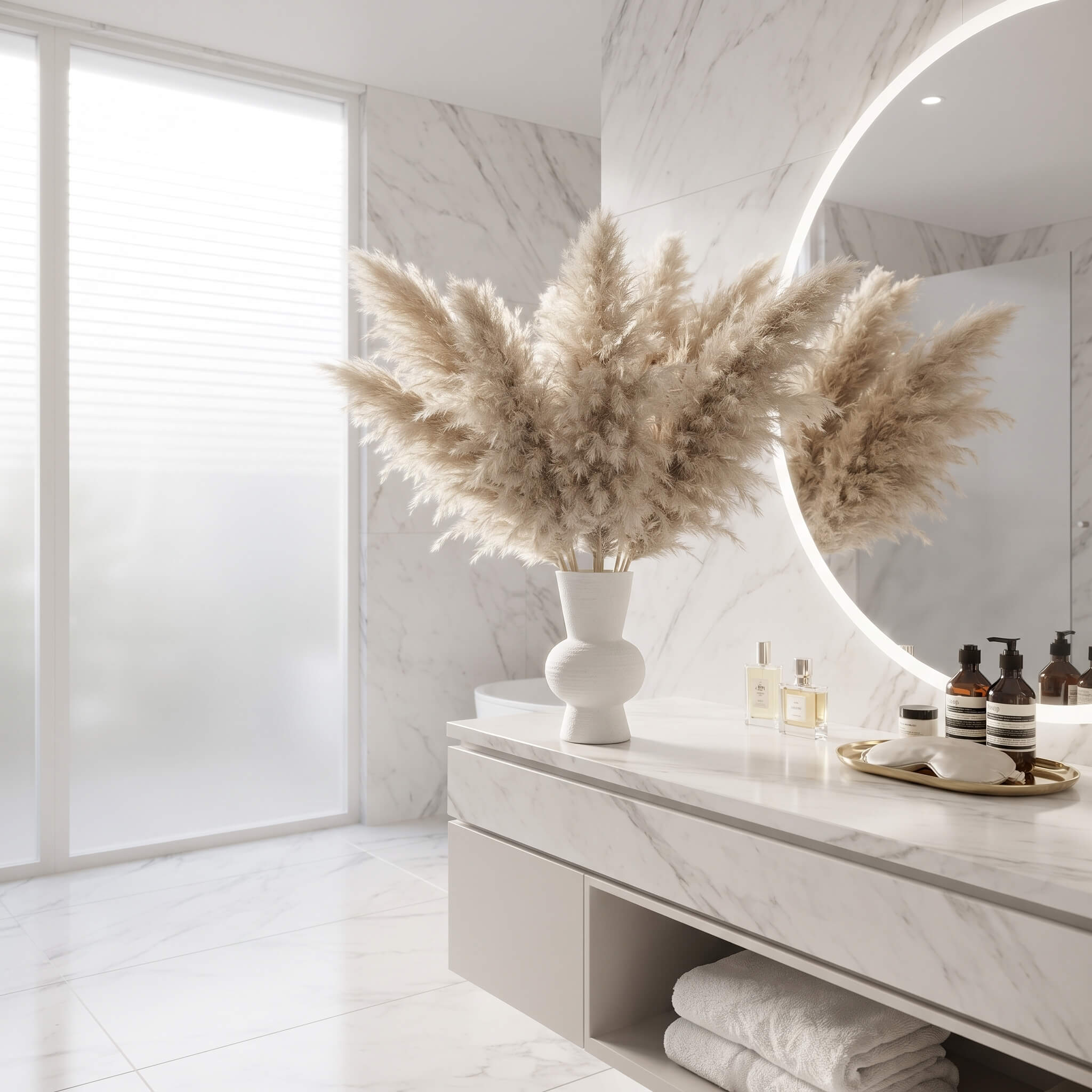 A large vase filled with tall beige pampas grass stands on a white marble vanity in a bright bathroom with a round mirror, folded towels, and toiletries.