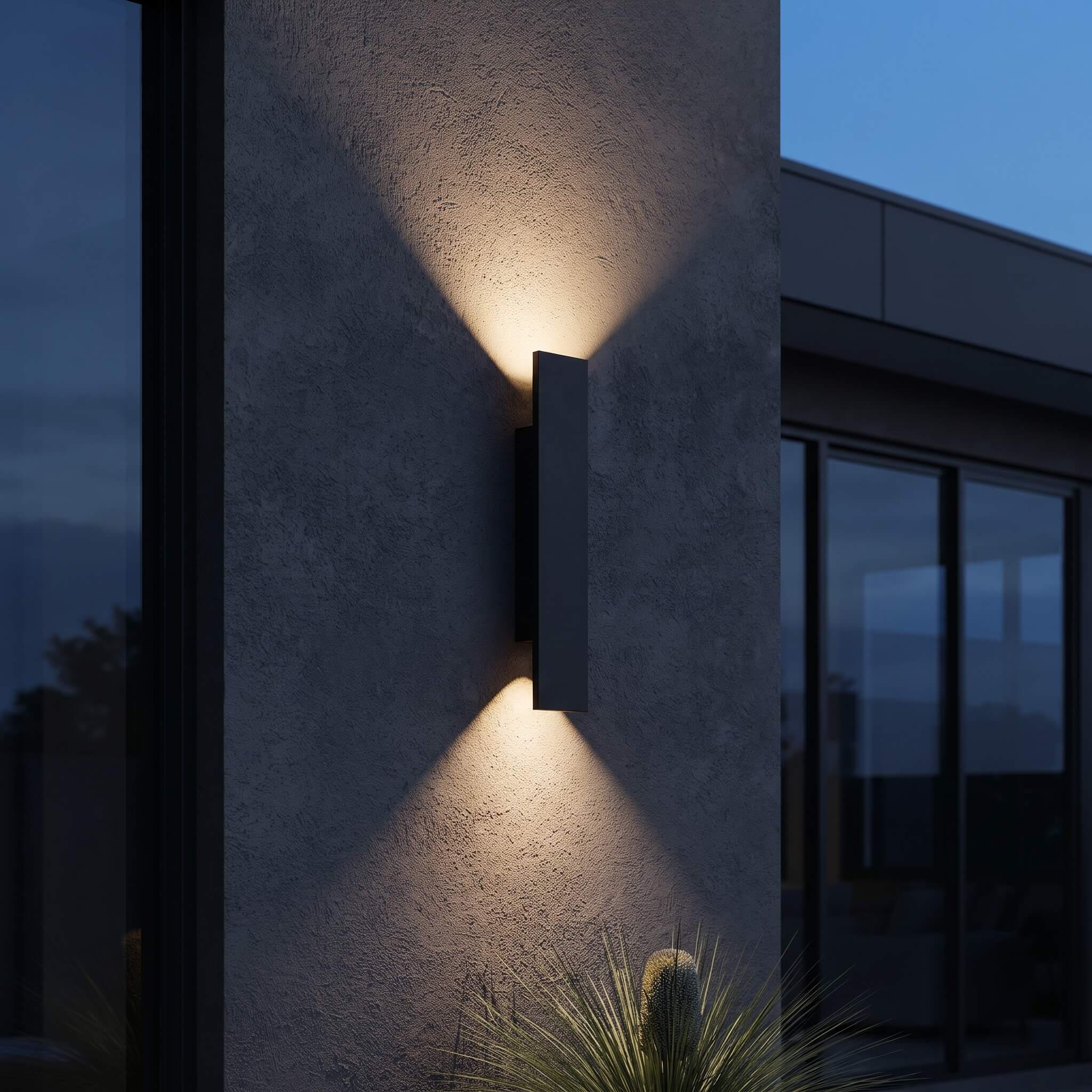 Matte black up and down outdoor wall sconce casting warm light across an exterior wall