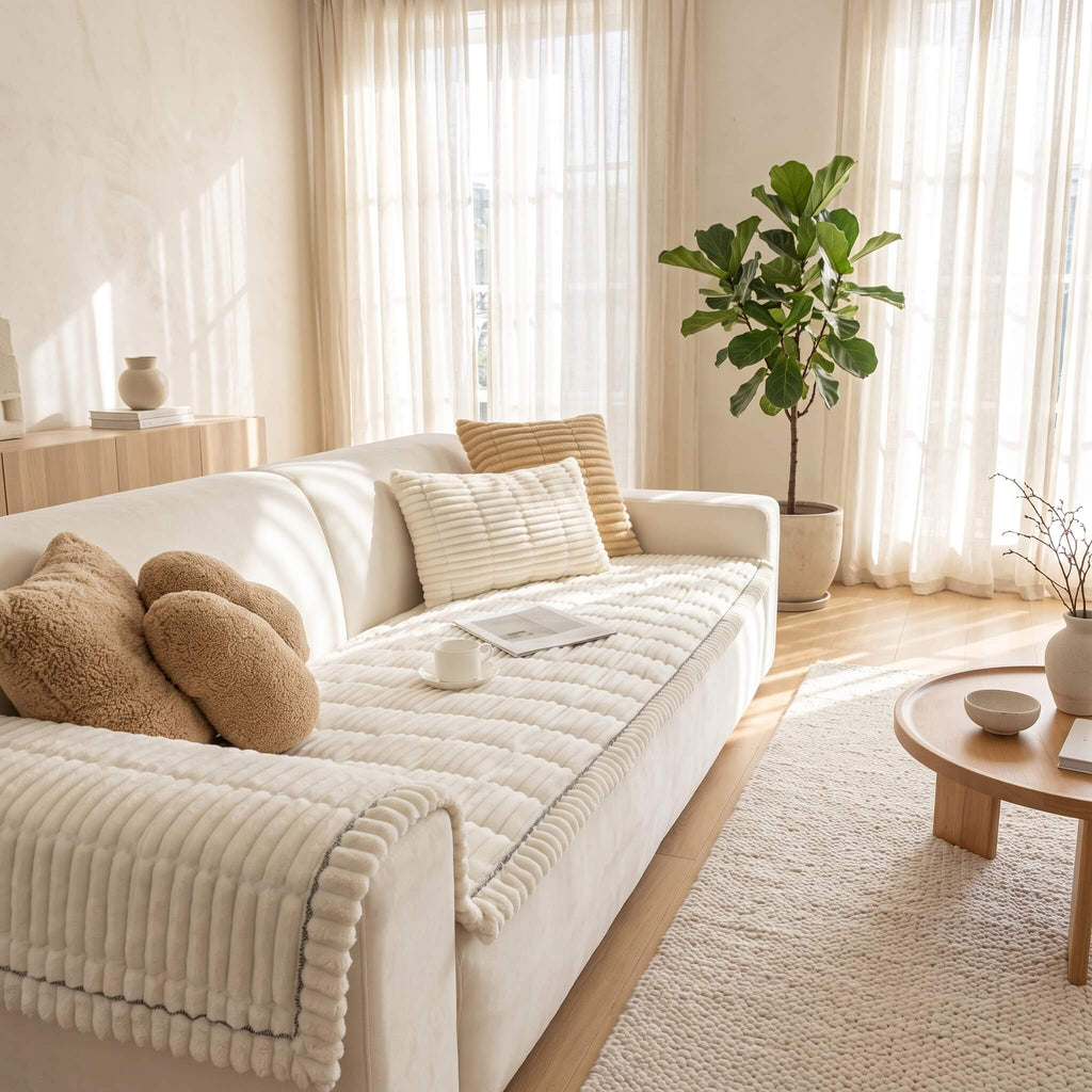 White textured sofa cover on a sofa in a sunlit living room