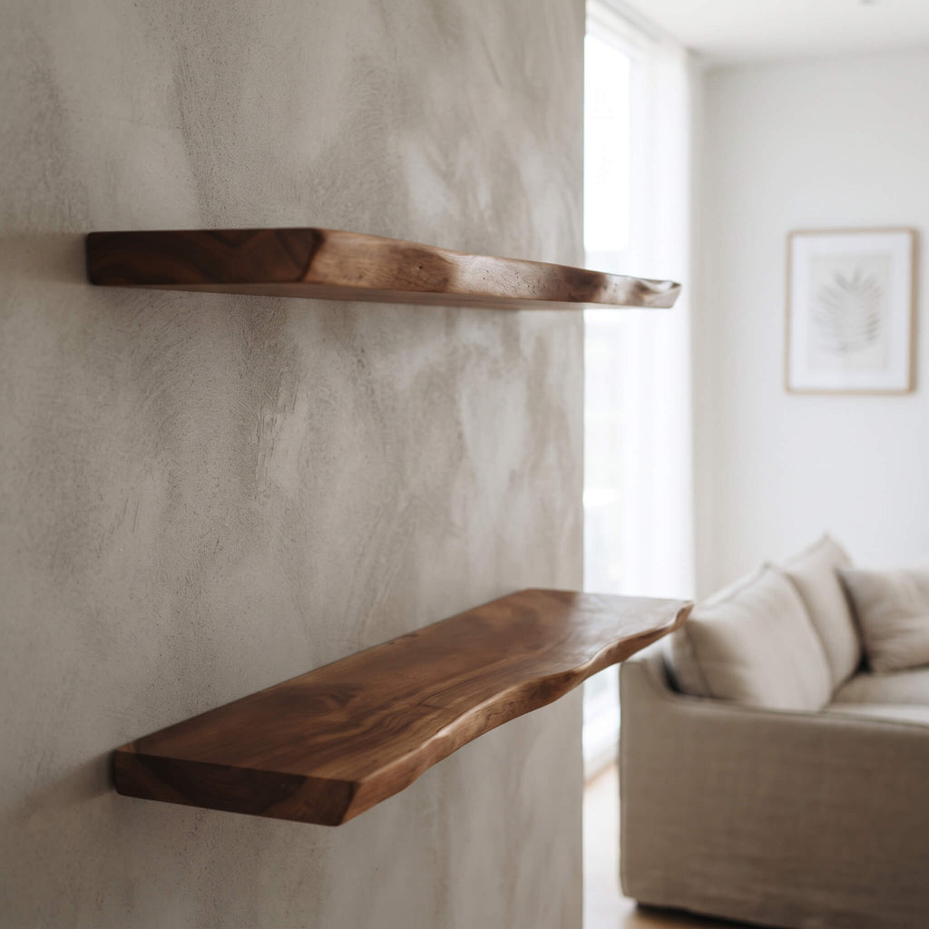 A pair of camphor wood floating shelves staggered on a wall