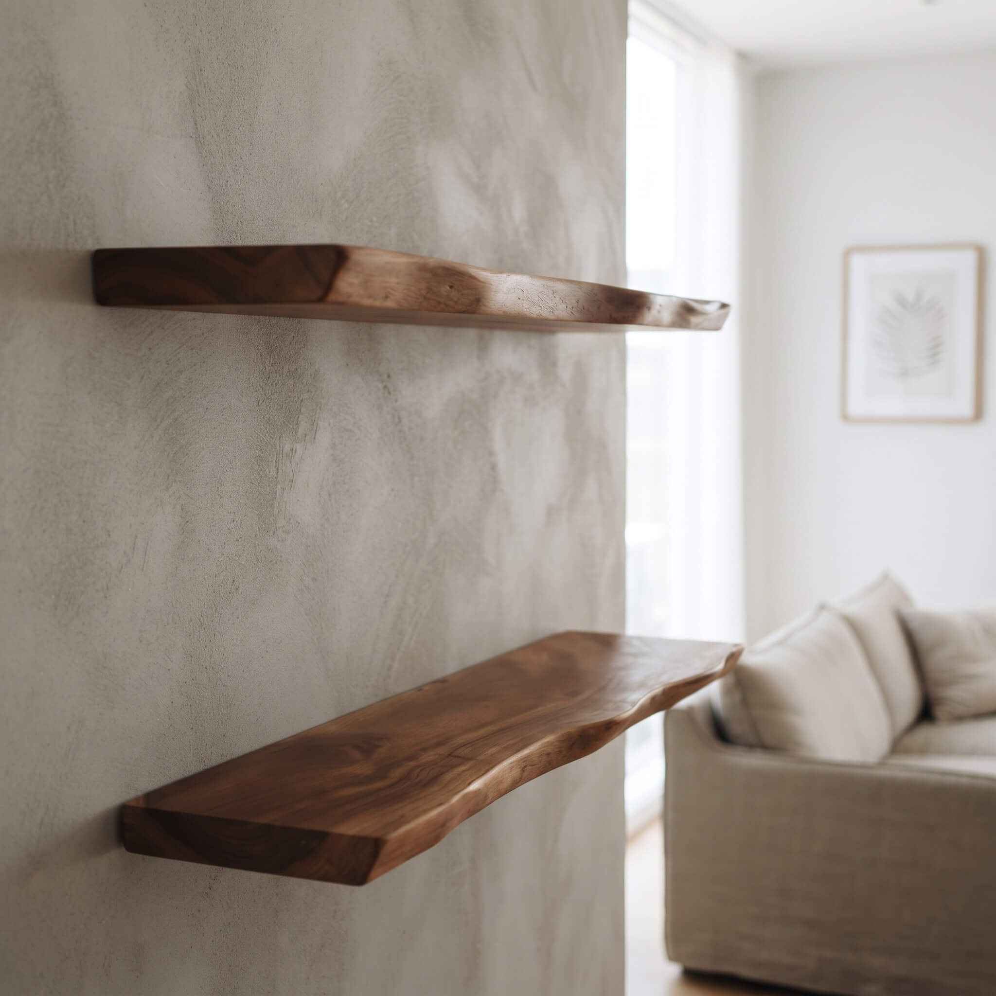 A pair of camphor wood floating shelves staggered on a wall