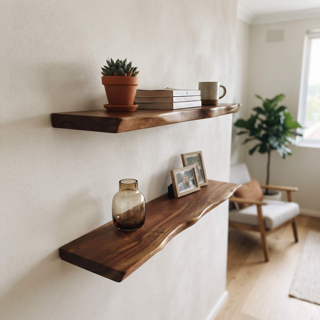 Camphor wood floating shelf mounted with invisible brackets