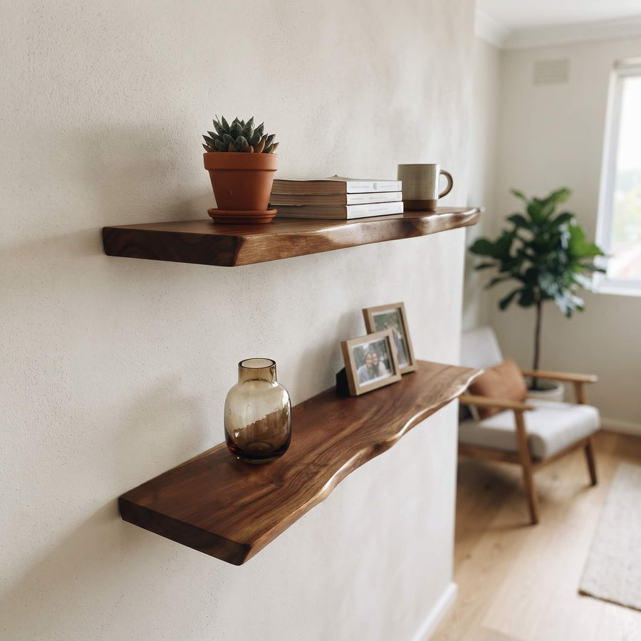 Camphor wood floating shelf mounted with invisible brackets