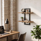 Two tier wall shelf mounted above a desk in a home office