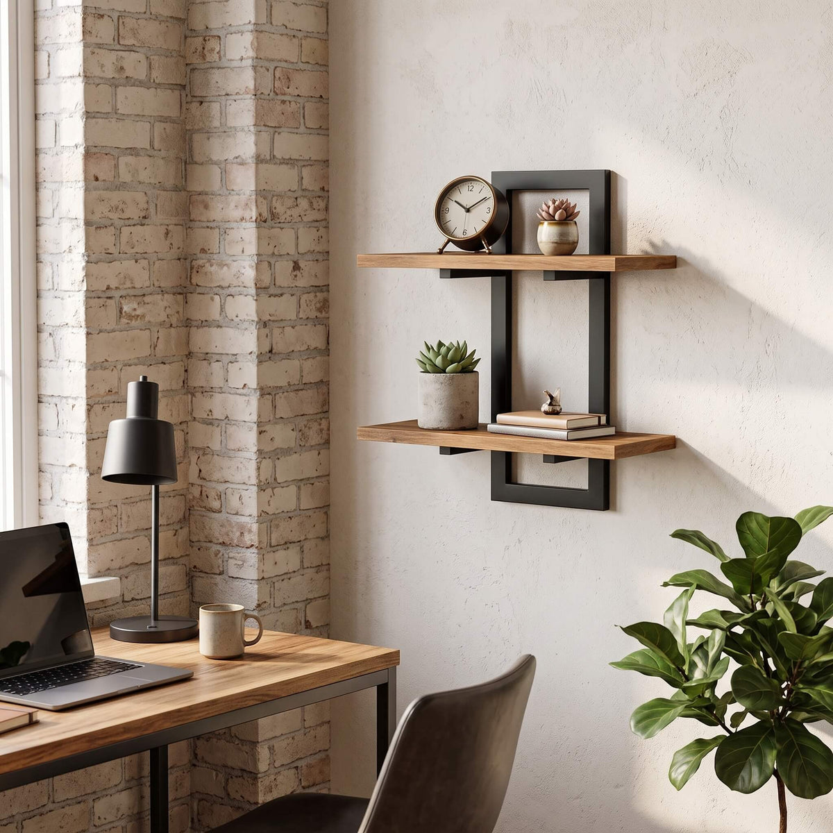Two tier wall shelf mounted above a desk in a home office