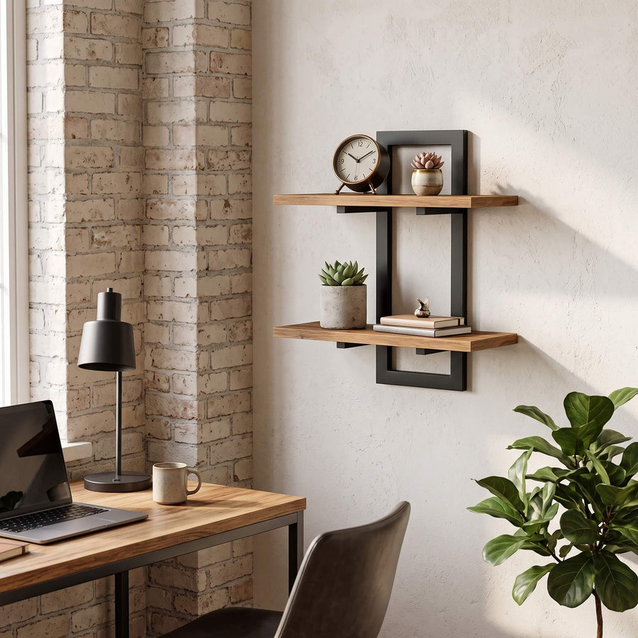 Two tier wall shelf mounted above a desk in a home office