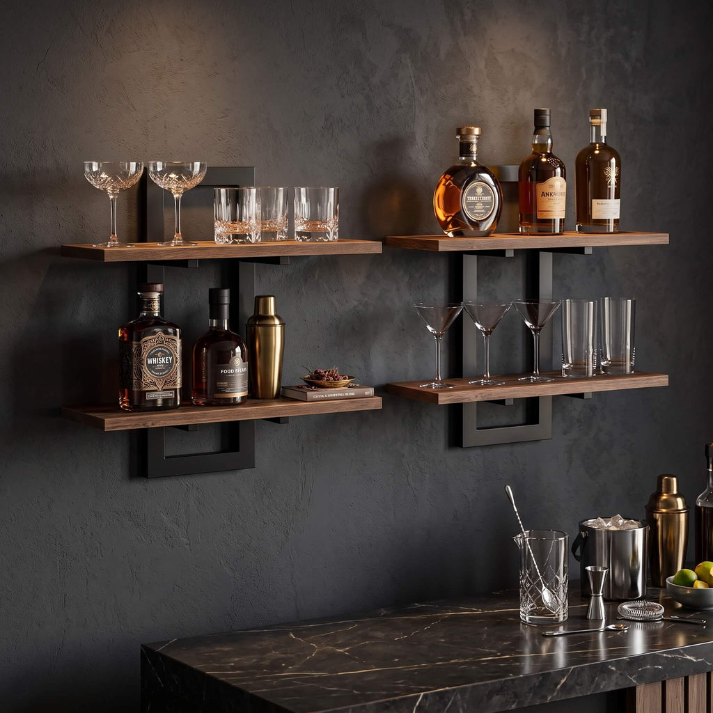 Two tier wall shelf holding glassware in a kitchen