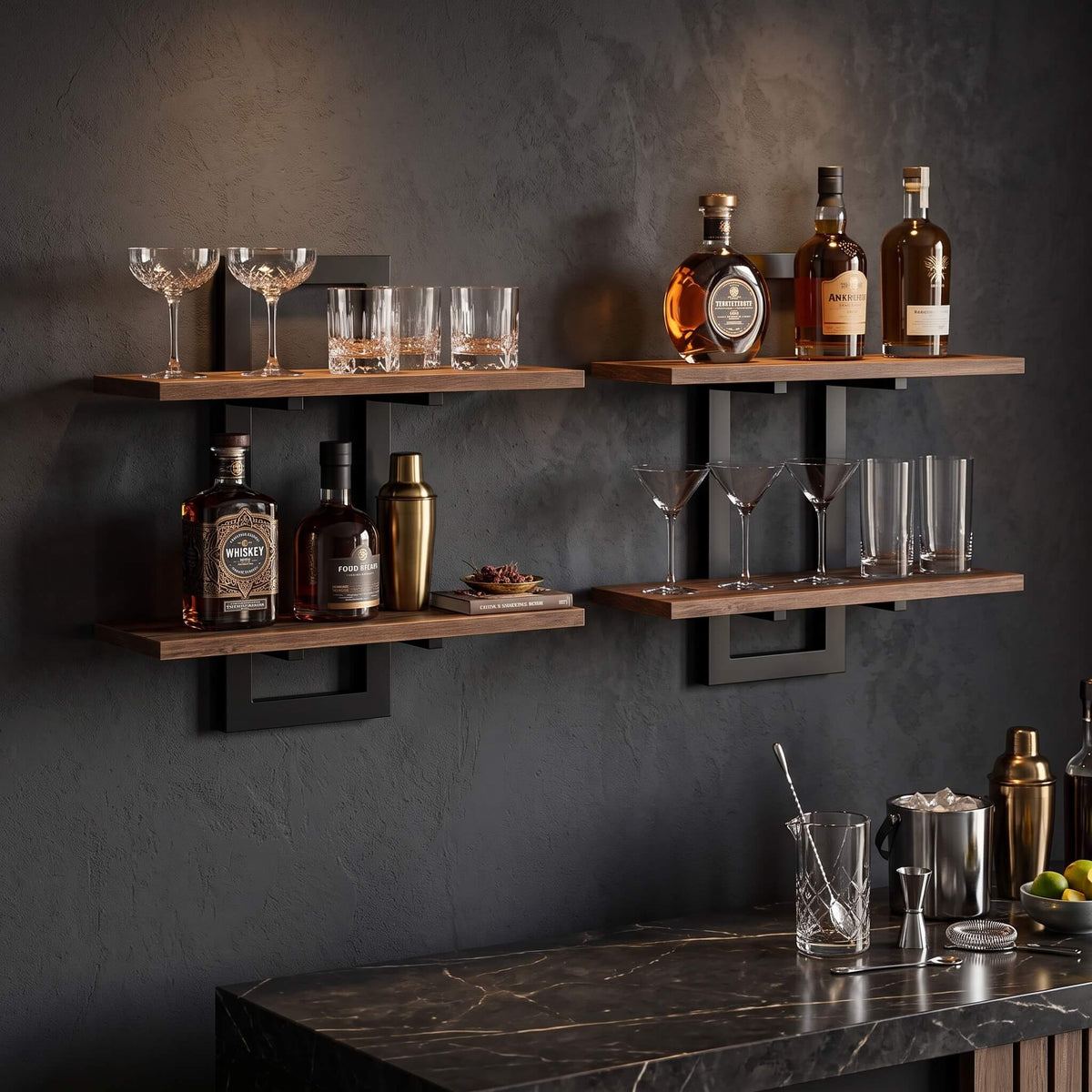Two tier wall shelf holding glassware in a kitchen