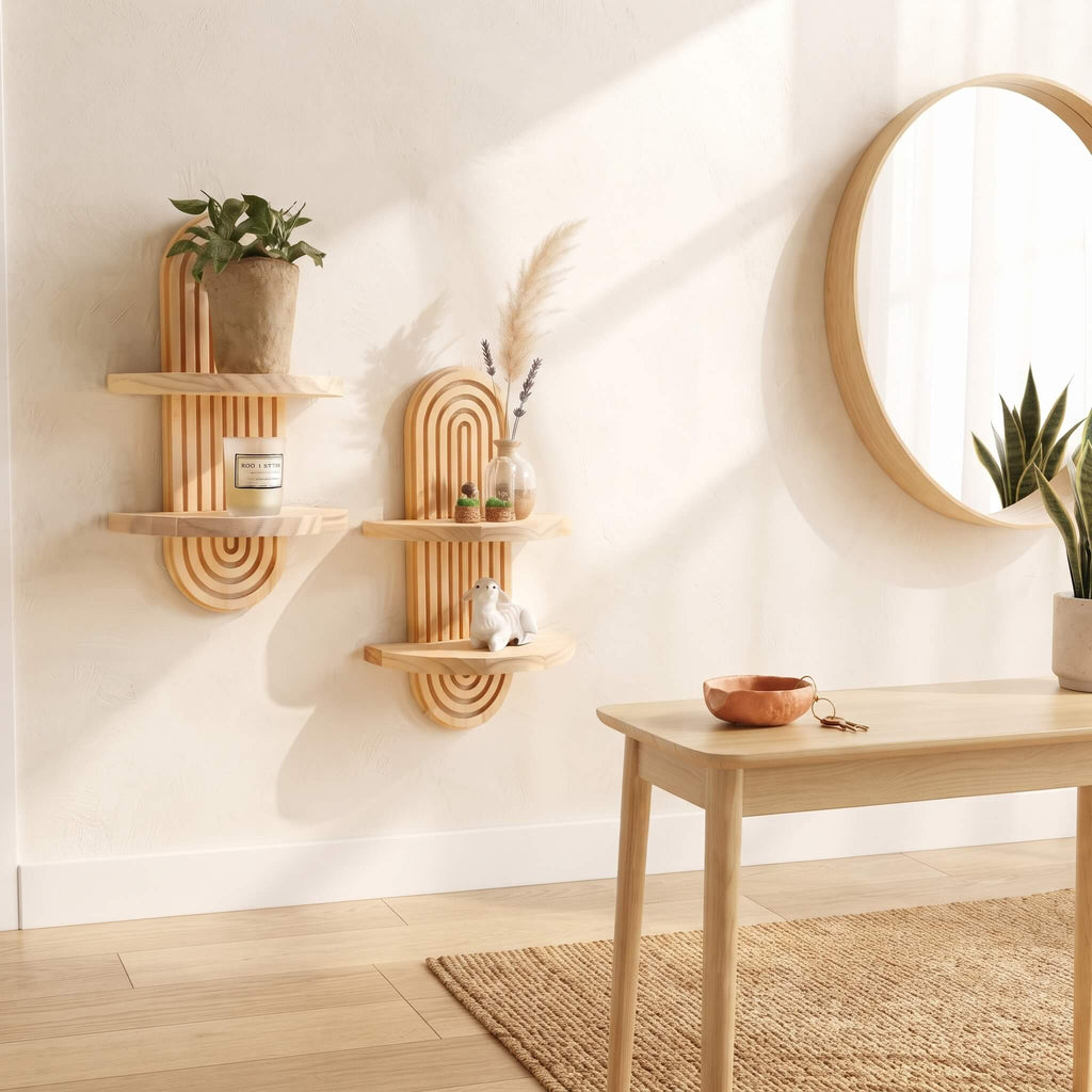Two light natural wood wall-mounted arched shelves styled in a bright, modern room with a wooden console table, a round wooden mirror, and a woven rug.