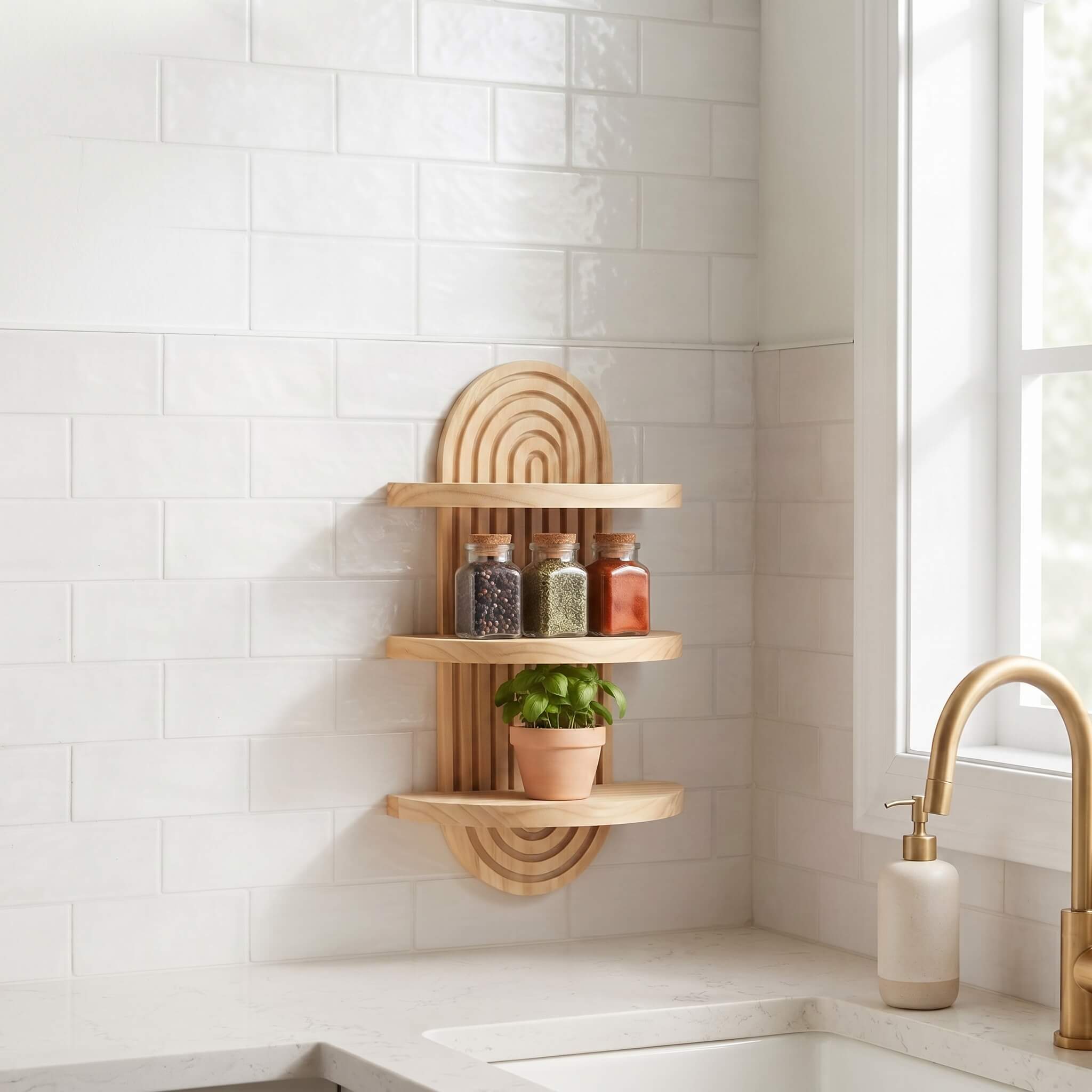 A light natural wood corner wall shelf with three curved tiers and a matching arched backplate, mounted on a white subway tile kitchen wall above a sink. The shelf holds three spice jars and a small potted green plant.