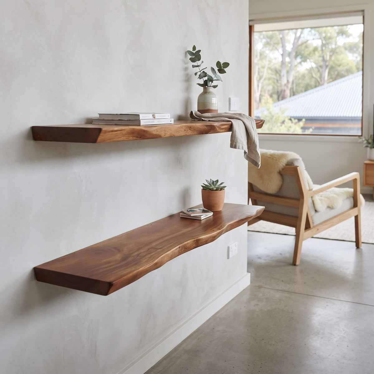 Set of two camphor wood floating wall shelves mounted on a wall