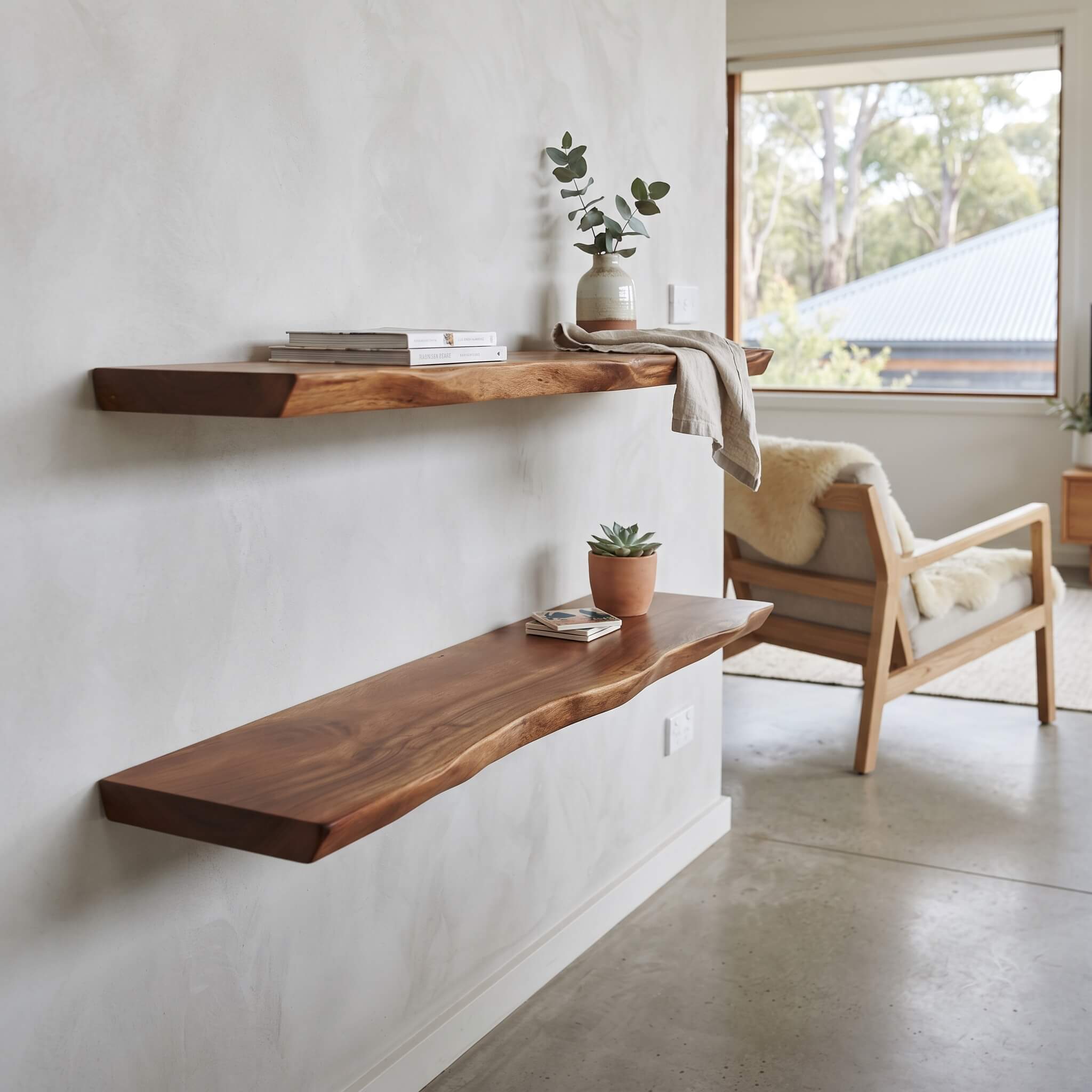 Set of two camphor wood floating wall shelves mounted on a wall