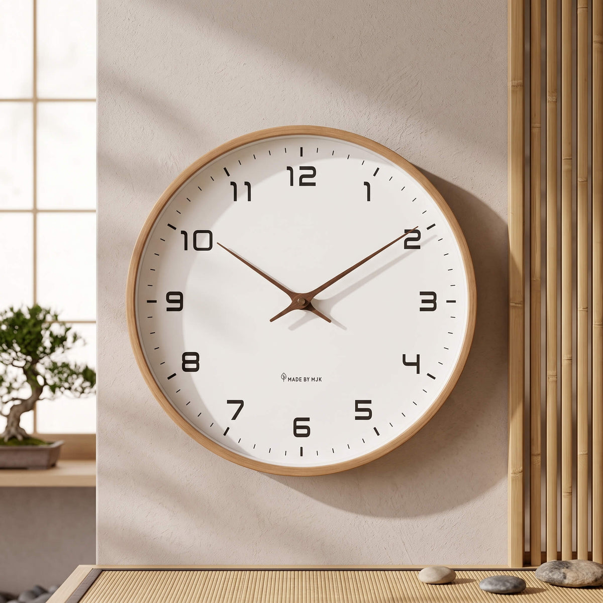 Silent sweep hands on the Nordic wooden wall clock
