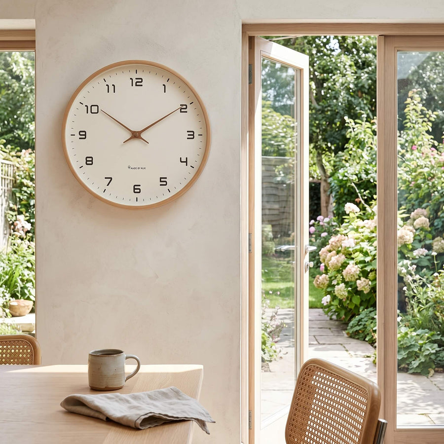 Solid timber bezel on the Nordic wooden wall clock