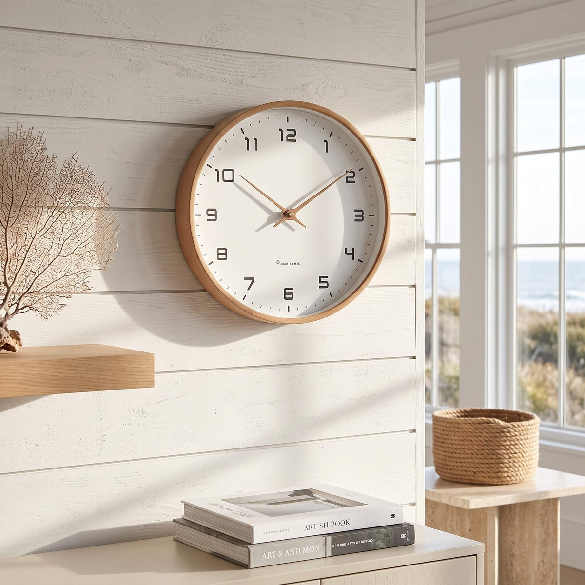 Nordic wooden wall clock hanging in a modern living room