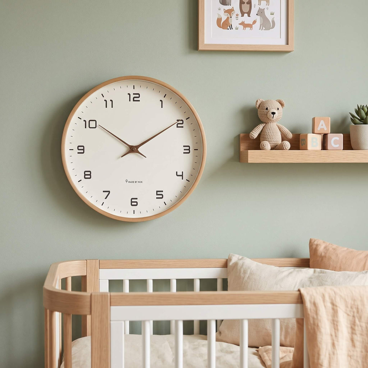 Nordic wooden wall clock hanging in a nursery