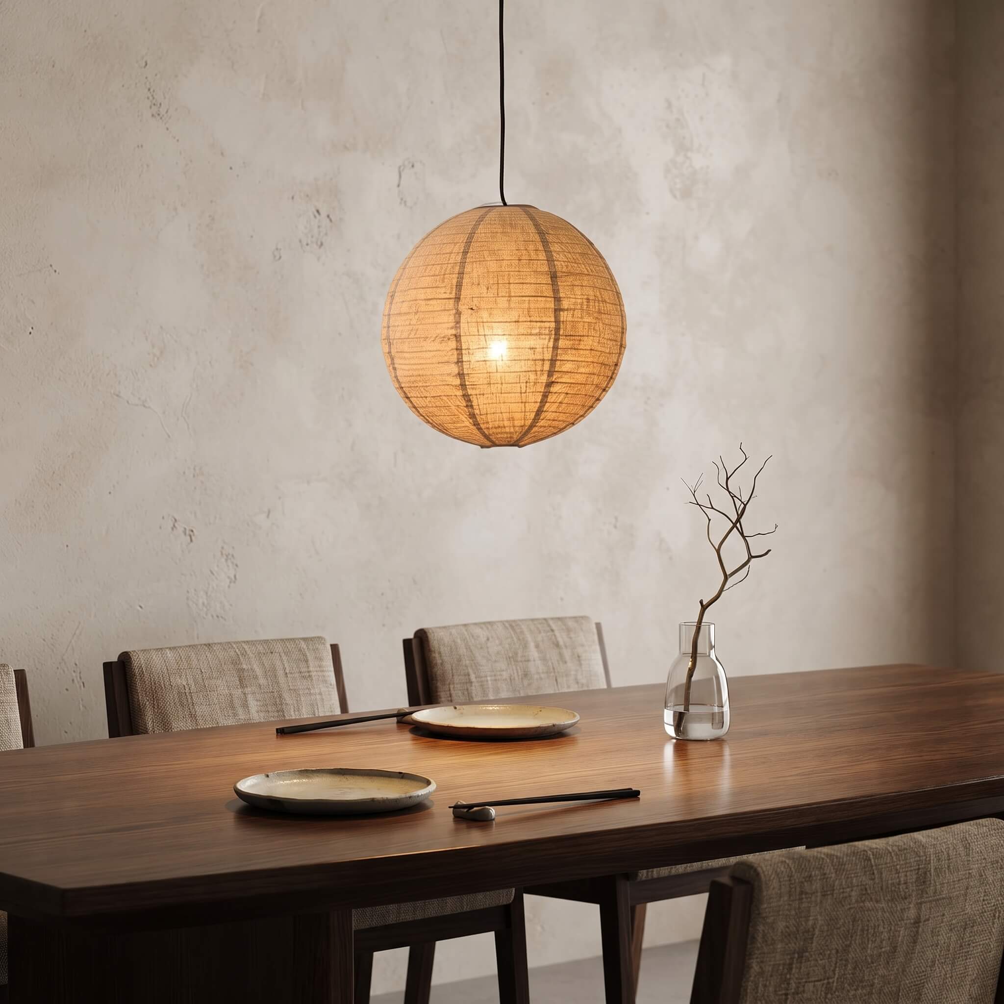 A spherical woven pendant light in a warm natural straw color hangs over a dark wood dining table with chairs, plates, and a small glass vase in a softly lit interior.